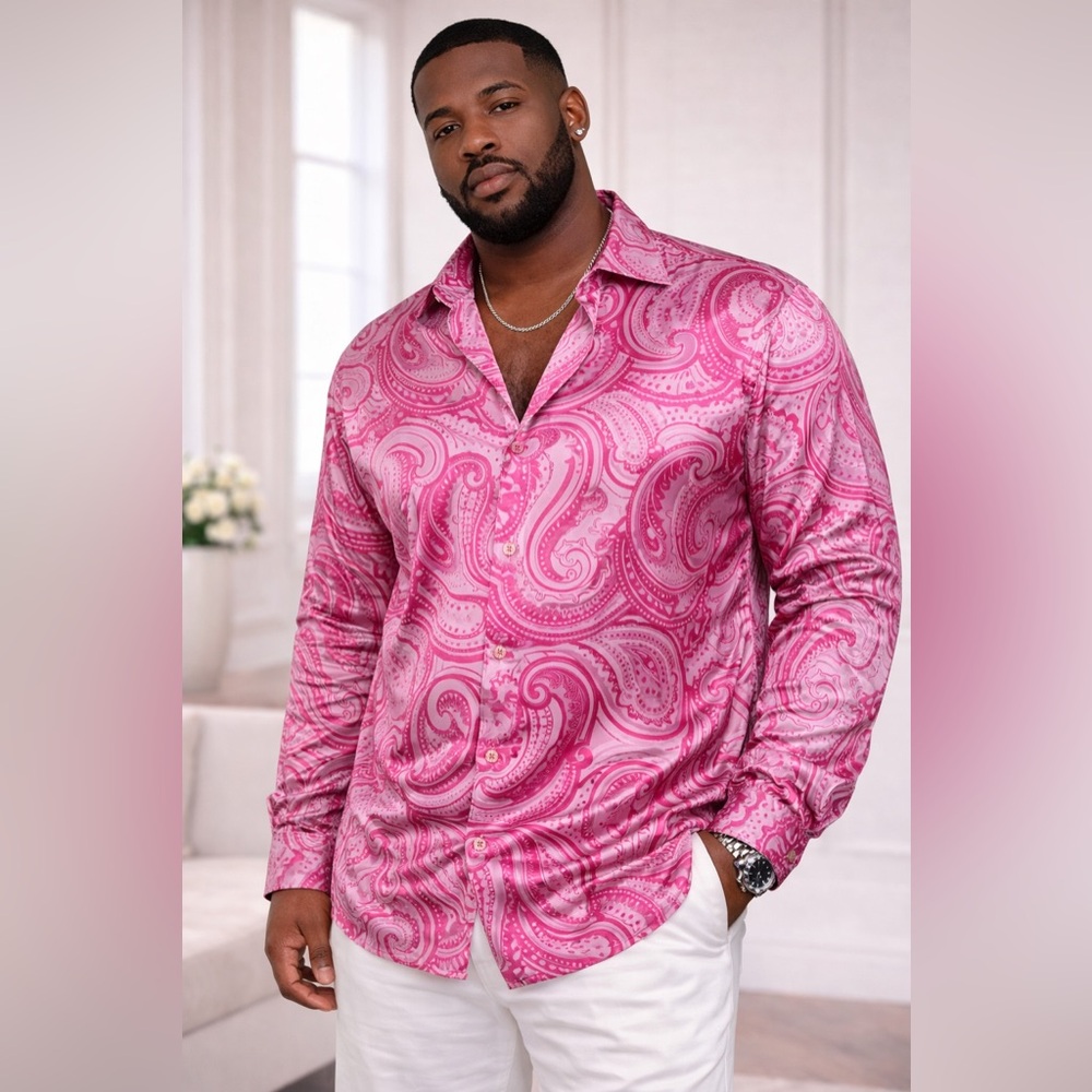 Leonardi Men's Pink Paisley Long-Sleeve Button-Down Shirt Size XL